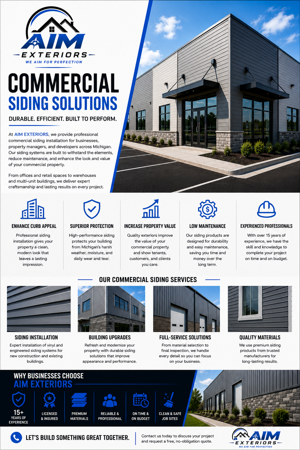 A promotional flyer for AIM Exteriors showcasing their commercial siding solutions, featuring an exterior view of a modern commercial building with gray siding, and sections detailing services like siding installation, building upgrades, full-service solutions, quality materials, and reasons to choose AIM Exteriors.