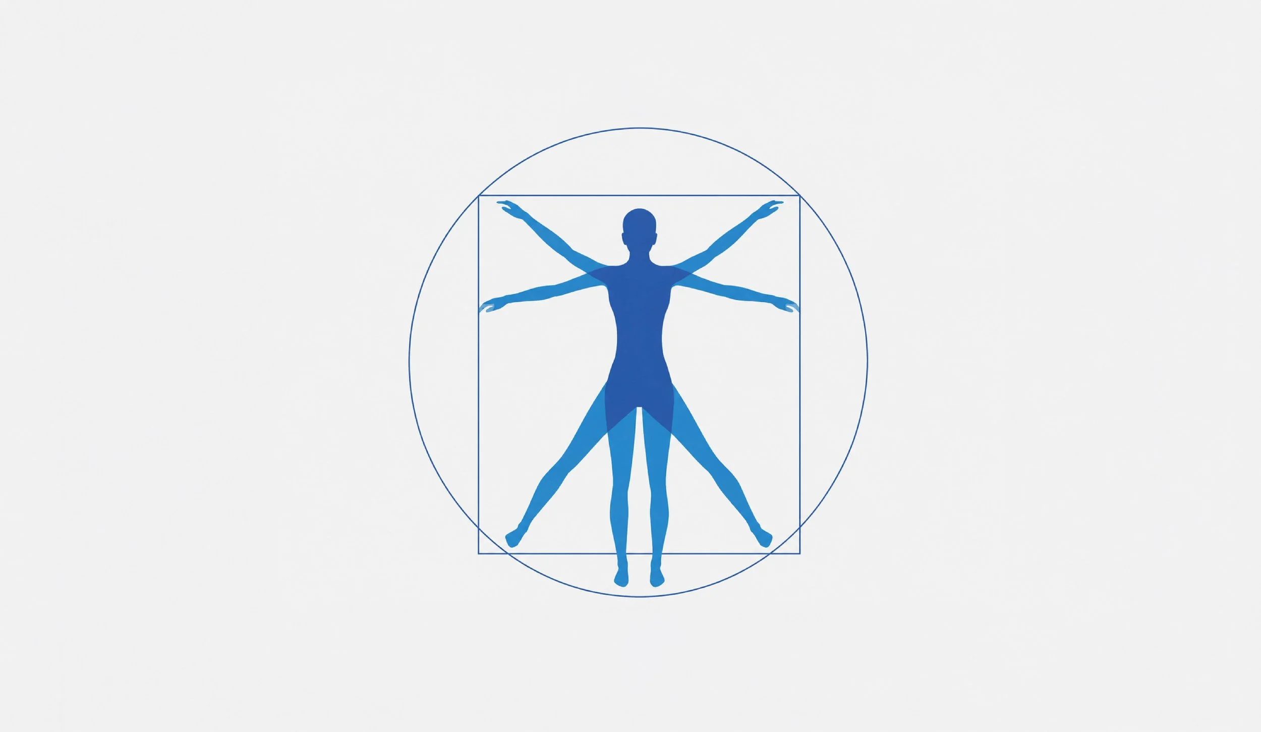 Illustration of a human figure with multiple arms and legs in blue, overlaid with geometric shapes including circles and squares, resembling Leonardo da Vinci's Vitruvian Man.