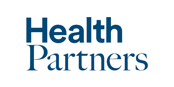Logo with the words 'Health Partners' in large blue font on a black background.