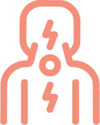Outline of a person with lightning bolts in the head and chest, and a circular mouth, suggesting a head injury or electrical shock.
