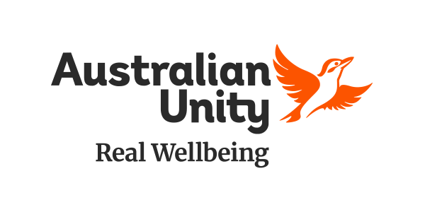 Australian Unity logo with an orange bird and the text 'Australian Unity Real Wellbeing'.