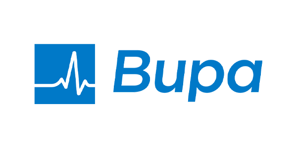 Bupa logo featuring a blue square with a white heartbeat line and the word 'Bupa' in blue text.