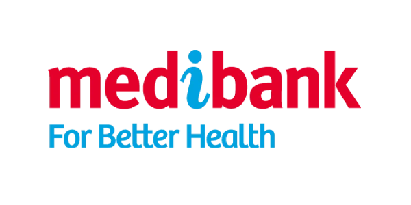 Medbank logo with red and blue text on a black background.