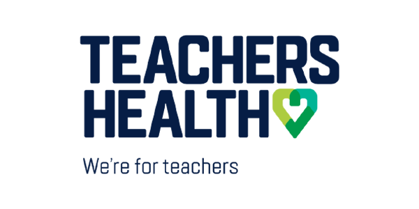 Logo with the text 'Teachers Health' and a green heart-shaped checkmark, with the slogan 'We're for teachers' beneath.
