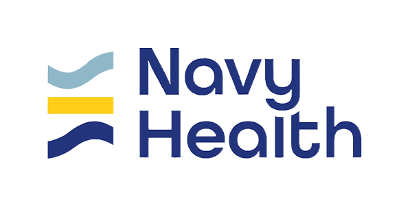 Navy Health logo with blue, gray, yellow, and pink design elements.