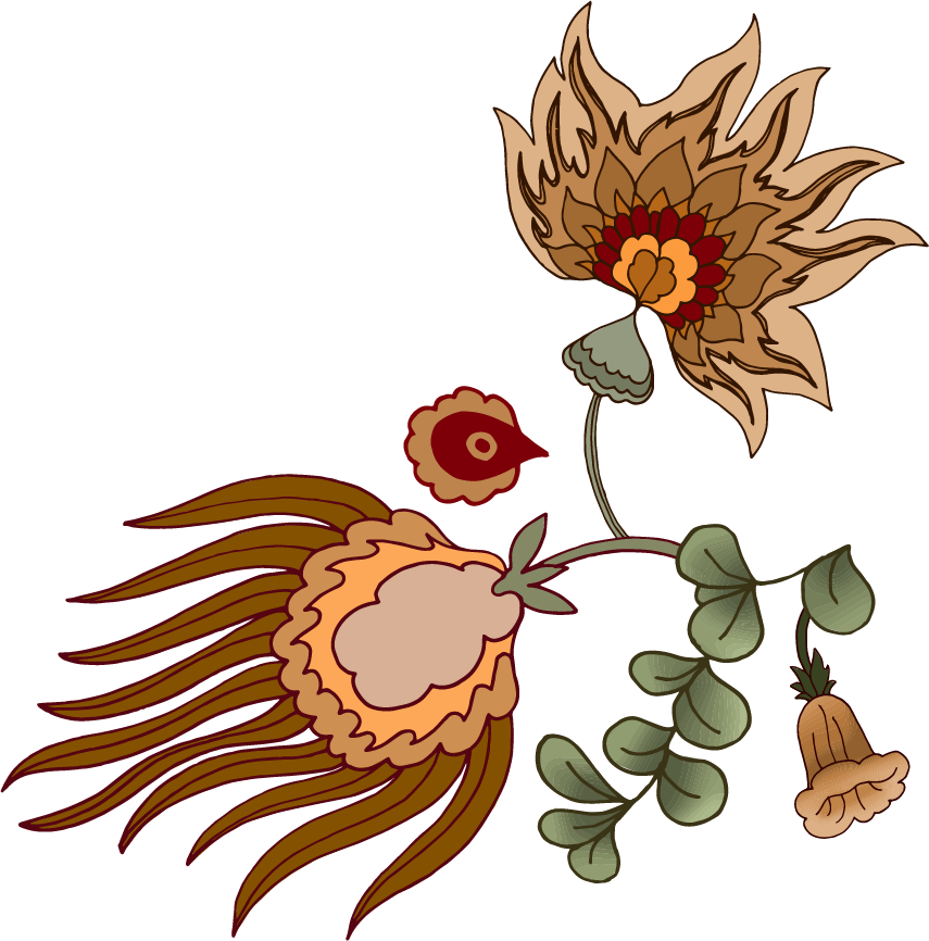 Stylized floral design with various flowers and leaves, featuring earth tones like brown, beige, red, and green, on a black background.