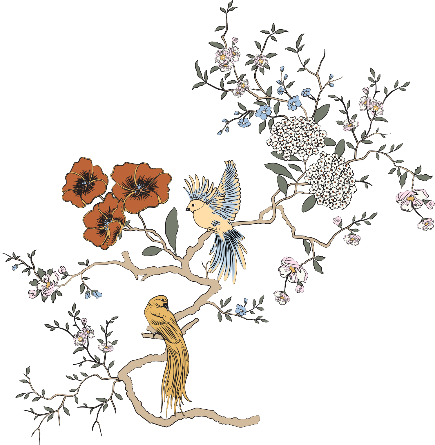 A detailed illustration of a decorative design featuring birds, branches, and flowers in pastel colors, with a black and white background.