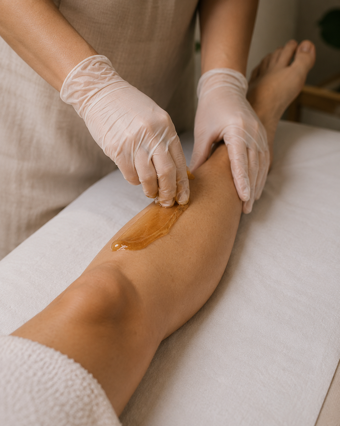A person wearing gloves applying wax to their leg for hair removal or waxing.