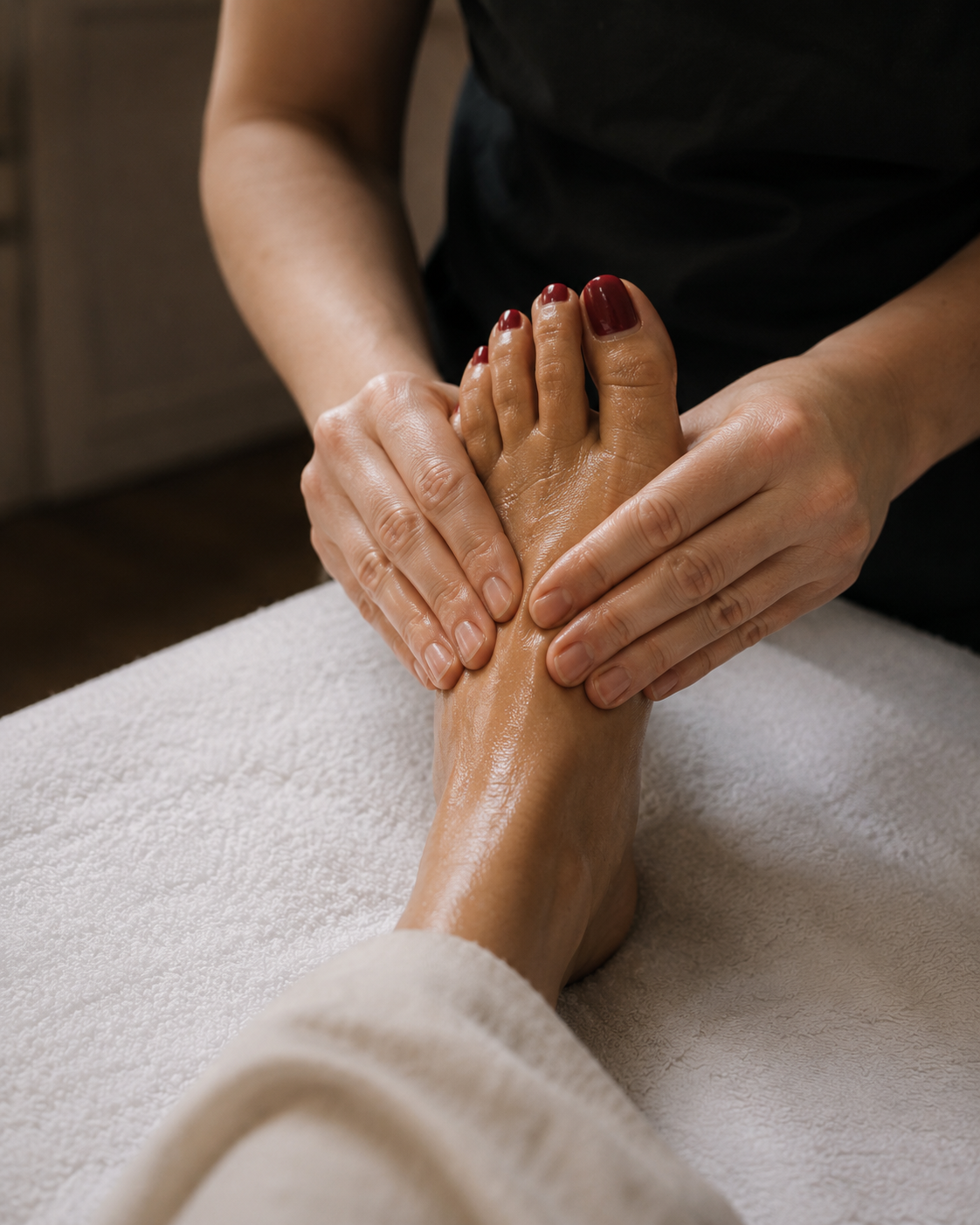 Person receiving a foot massage from a therapist with hands on the foot, nails painted red, on a massage table with a white towel.