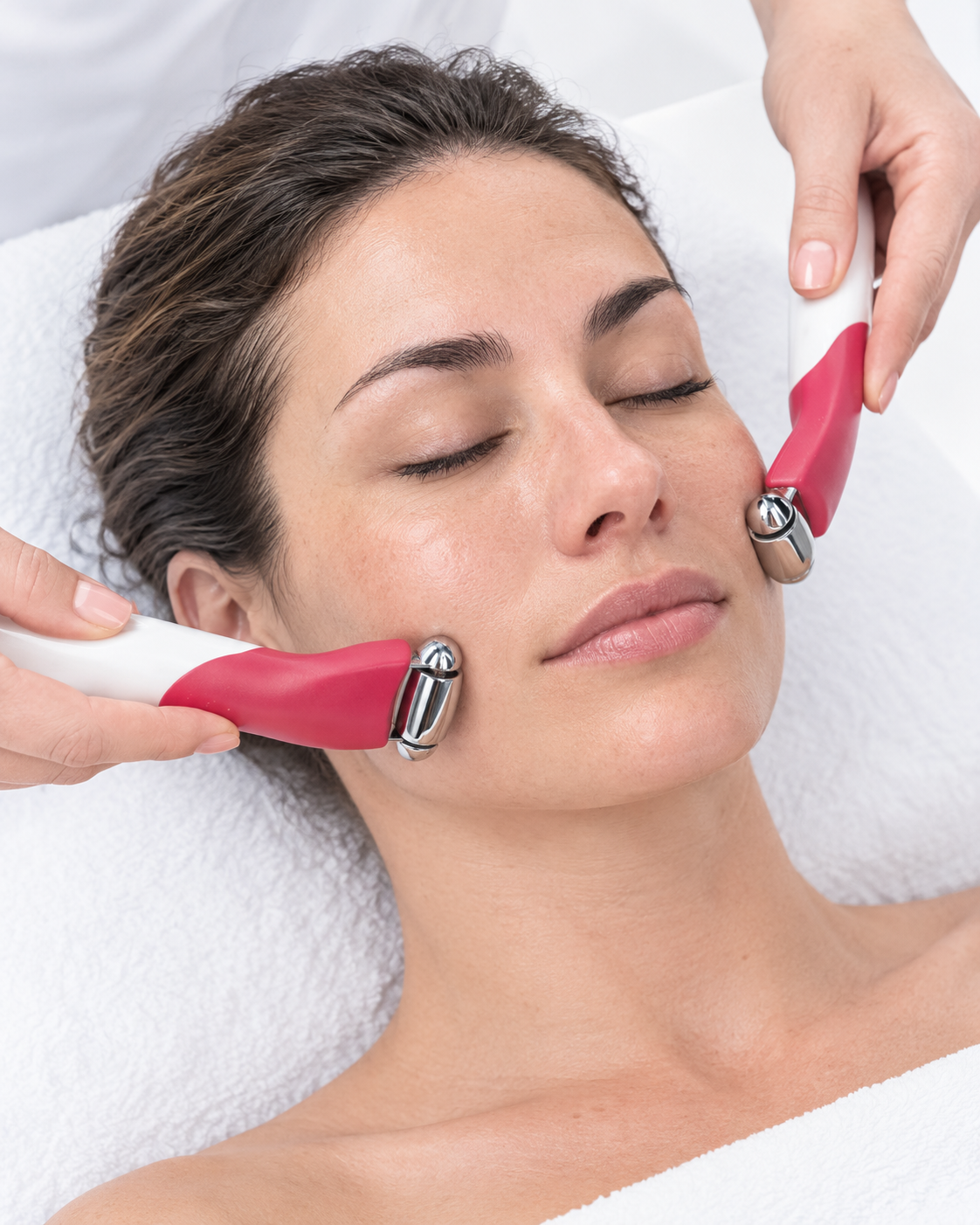 A woman receiving a facial treatment with electronic massage devices on her cheeks, lying with eyes closed on a white treatment bed.