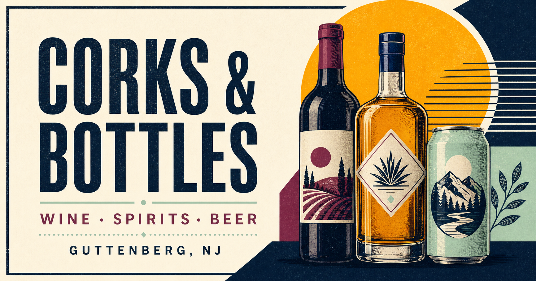 Vintage-style digital illustration promoting corks and bottles, featuring three bottles of wine, beer, and spirits, with scenic labels of mountains, river, agave plant, vineyard, and nature, set against a sunset or sunrise background.