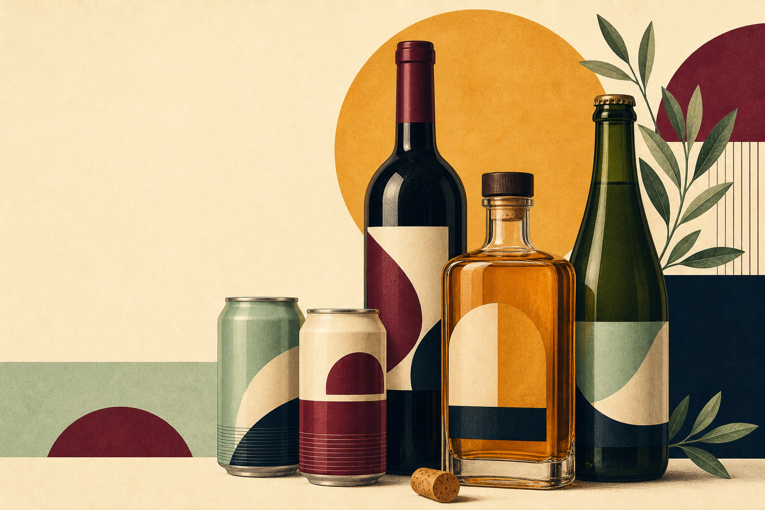 Decorative composition of two bottles of wine, two cans, a glass bottle of liquor, a cork, and green leaves against an abstract background with geometric shapes and muted colors.