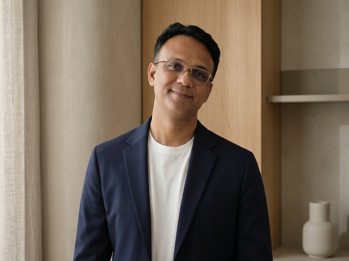 A man with glasses wearing a navy blazer and white T-shirt, smiling and leaning slightly to his right in a well-lit room with beige and wooden decor.