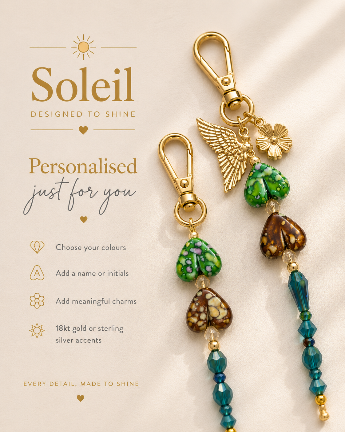 Promotional image of personalized accessory charms with gold clips, including a wing, four-leaf clover, and heart-shaped beads in green, brown, and blue, with text about customization options.