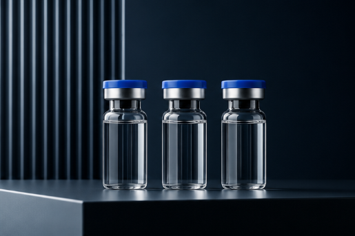 Tre vials med blå låg placeret på en sort overflade med en mørk baggrund.
