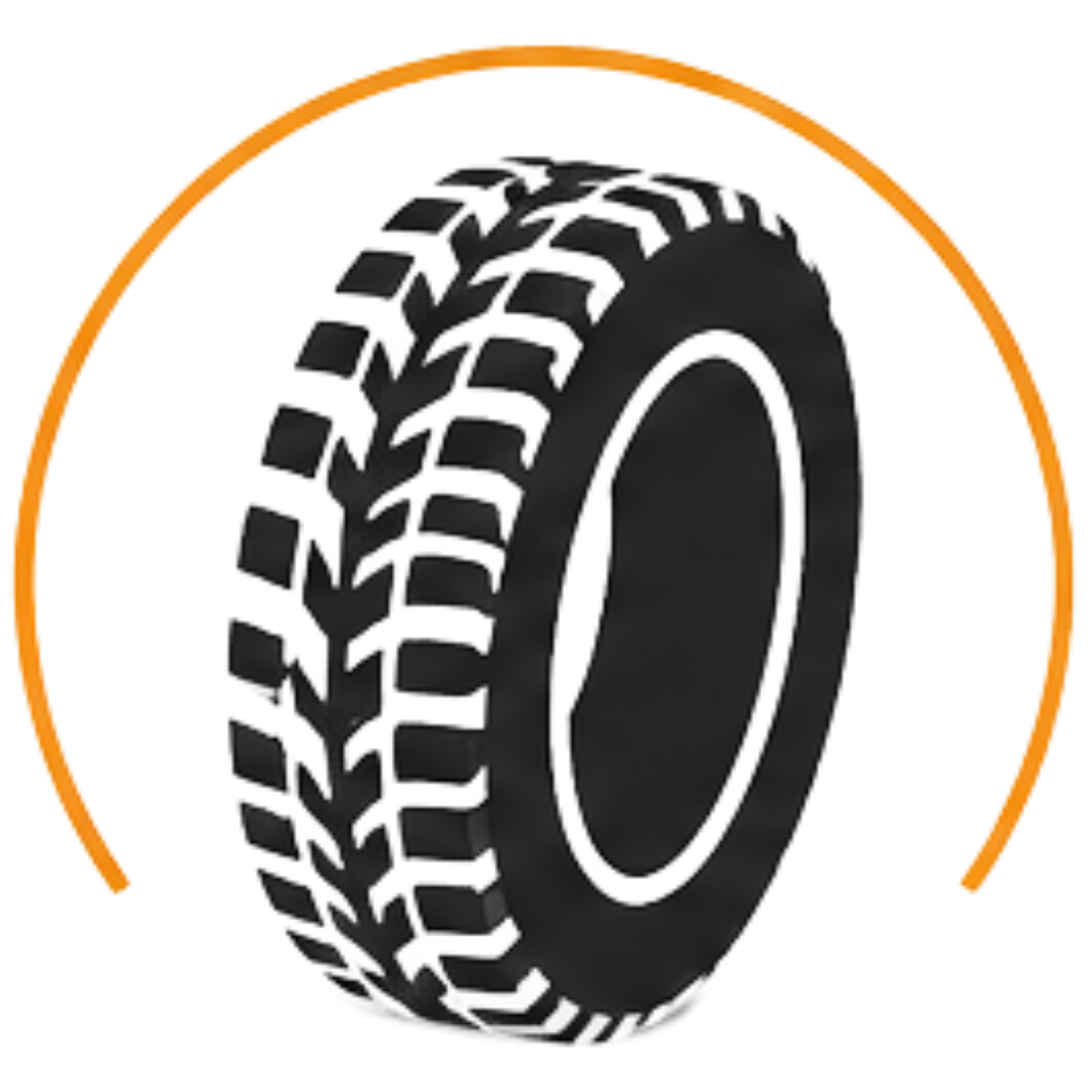 Black tire with tread pattern inside an orange circle.