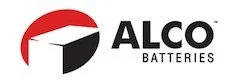 ALCO Batteries logo with a red and black abstract design and company name.