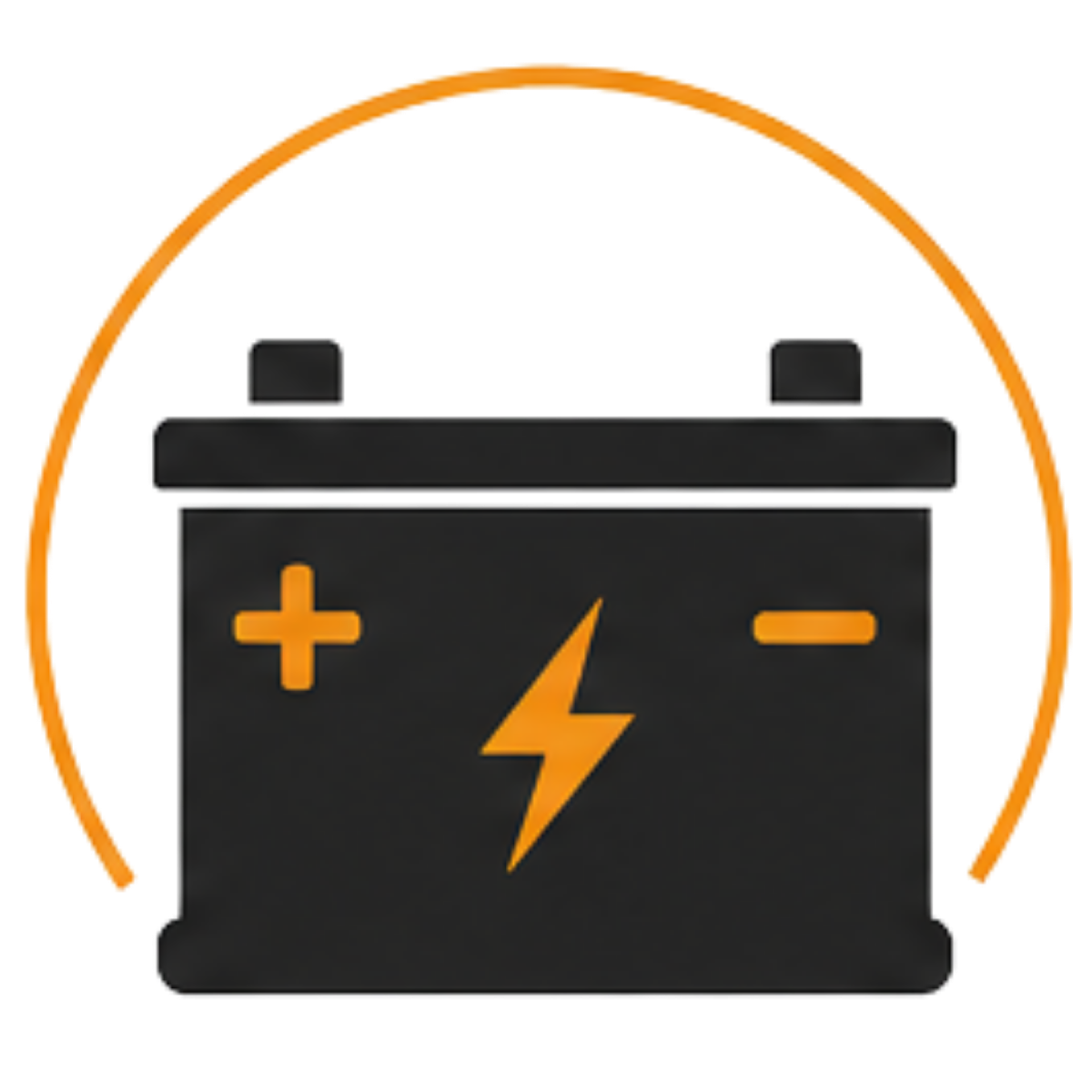 Icon of a car battery with a warning symbol, and a partly visible colorful bookshelf in the background.