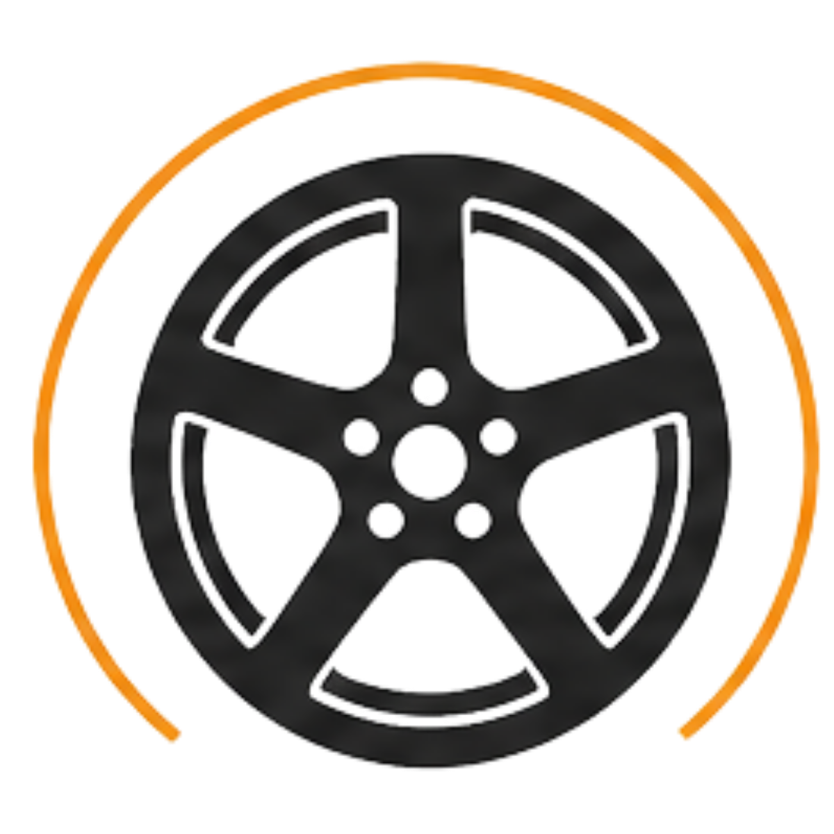 A black vehicle wheel rim with five spokes, surrounded by an orange circular outline.