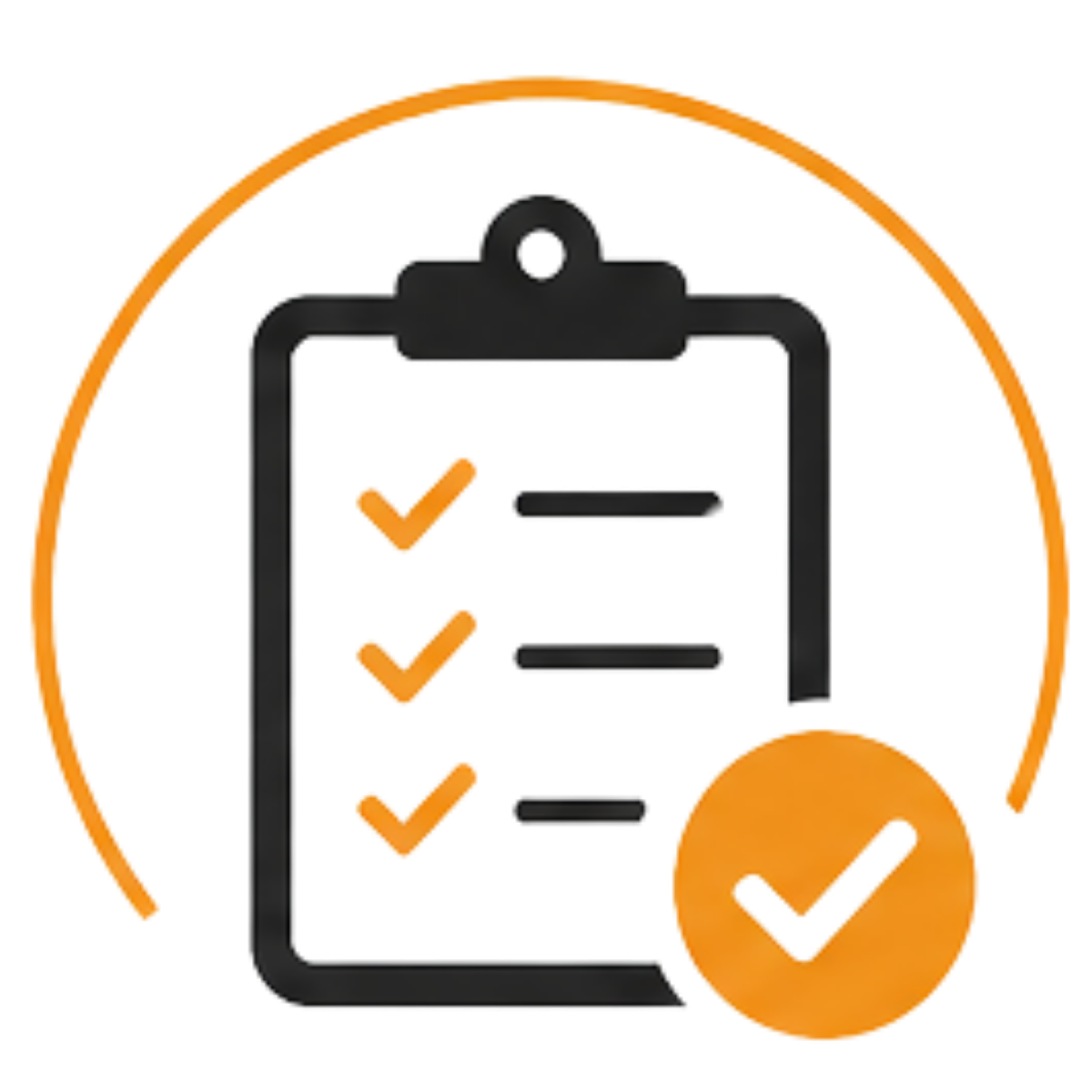 Clipboard with a checklist of three items marked complete and a large orange checkmark icon in front.