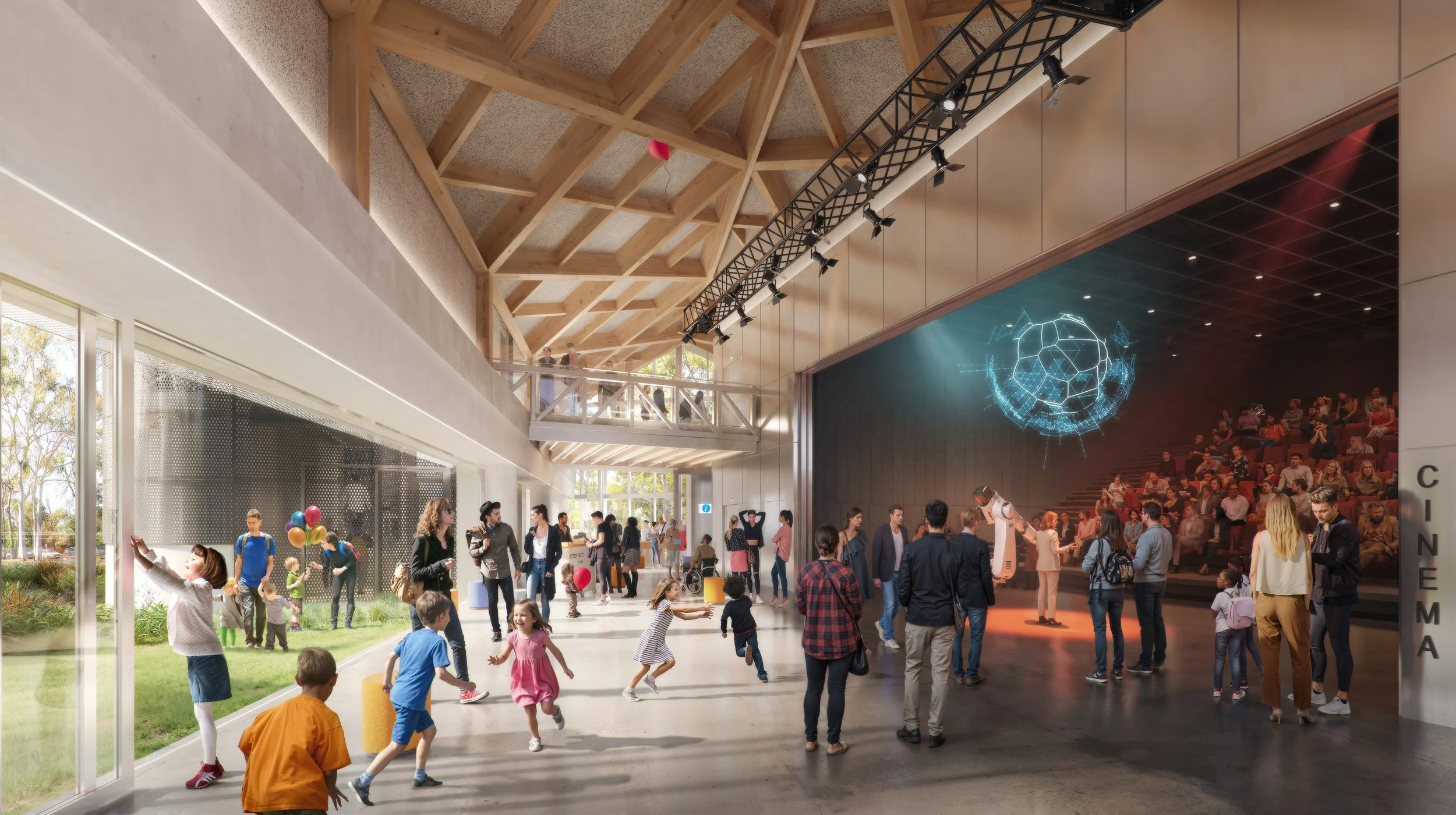 A busy indoor space with children and adults engaging in activities. There is a large screen displaying a blue digital globe. The ceiling has wooden beams and track lighting. Large windows reveal a green outdoor area.