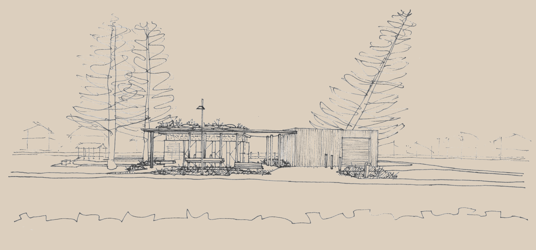 Line drawing of a modern building with large trees, benches, and a lamp post in front, with a clear sky and other structures in the background.