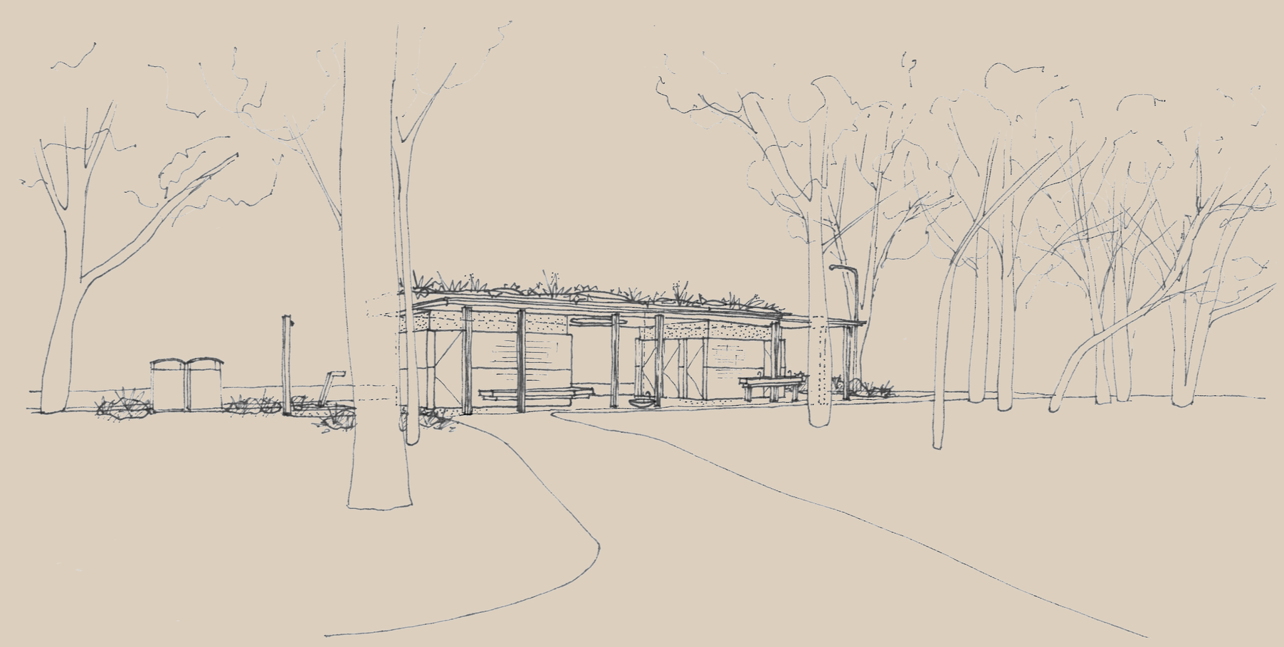 Line drawing of a park with tall, leafless trees and a modern, open pavilion in the background. There are a few benches, a trash can, and pathways in the scene.