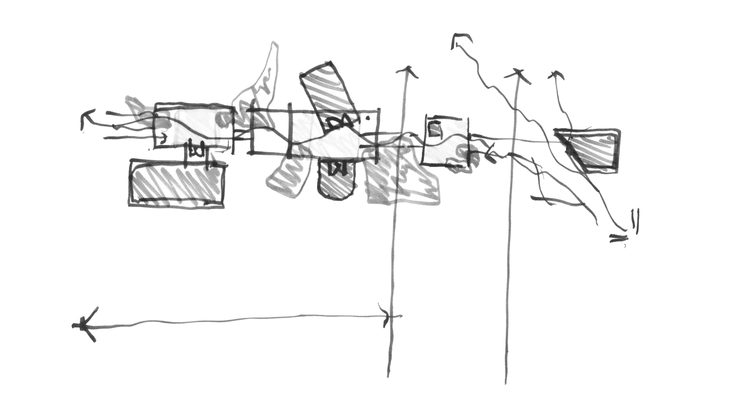 Sketch of an art installation with various interconnected rectangular and irregular shapes on a stand, with wires and a supporting base.