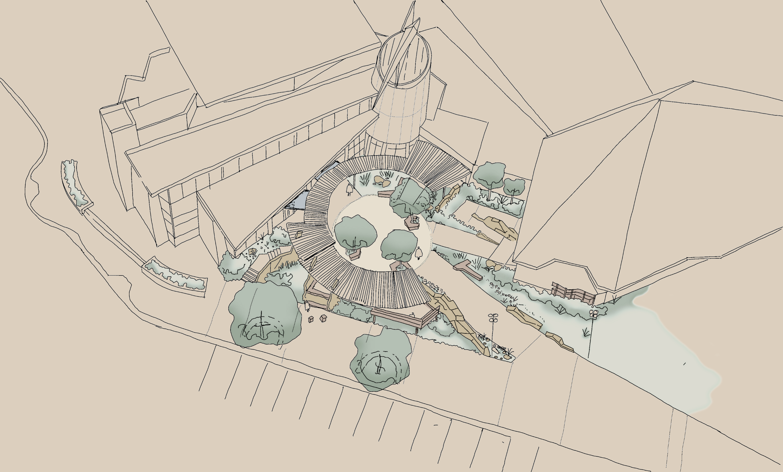 An architectural drawing of a modern building with a round, multi-level courtyard landscape design, and surrounding structures with trees and pathways.