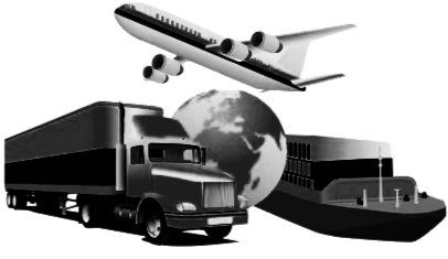 Graphic of various modes of transportation including a commercial airplane, a large truck, a globe, and a bus, all in black and white.