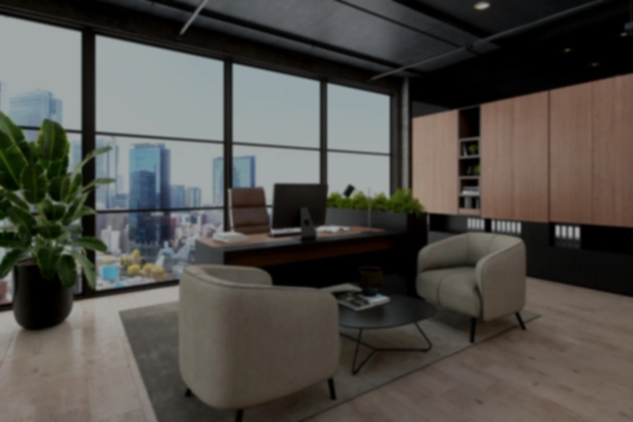 Modern office with large windows showing city skyline, round lounge chairs, a table with magazines, a potted plant, and wooden wall cabinets.