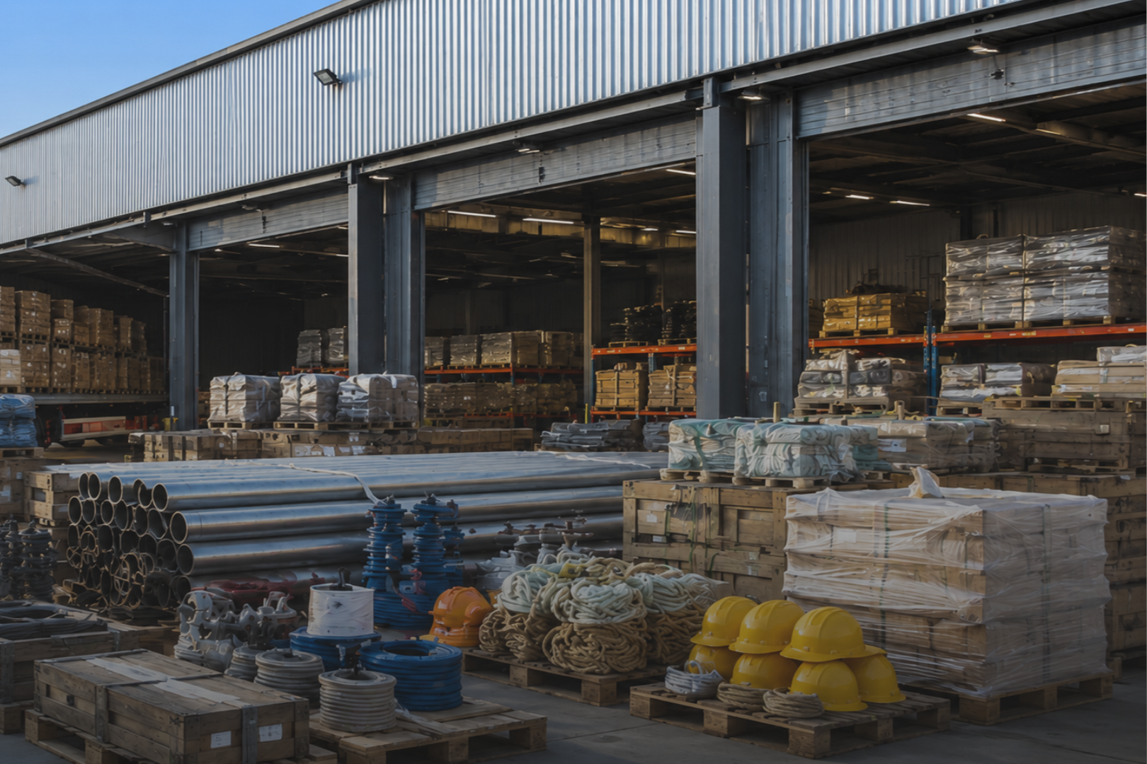 Industrial warehouse with metal shelves and pallets of pipes, equipment, and construction materials stored outside
