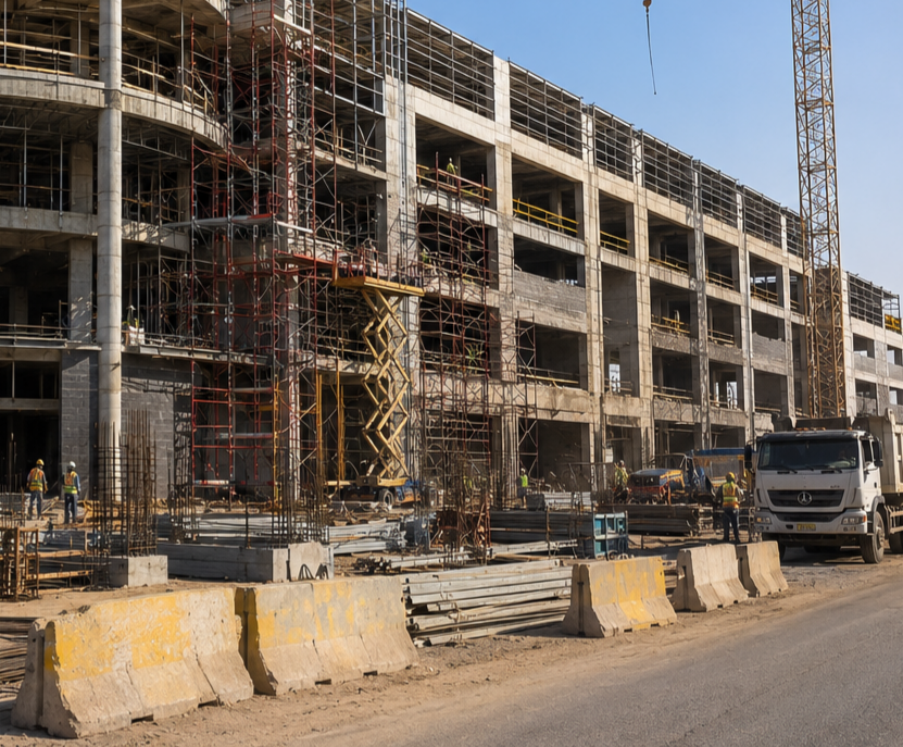 Construction site with a multi-story building under development, scaffolding, construction vehicles, and workers in safety gear.