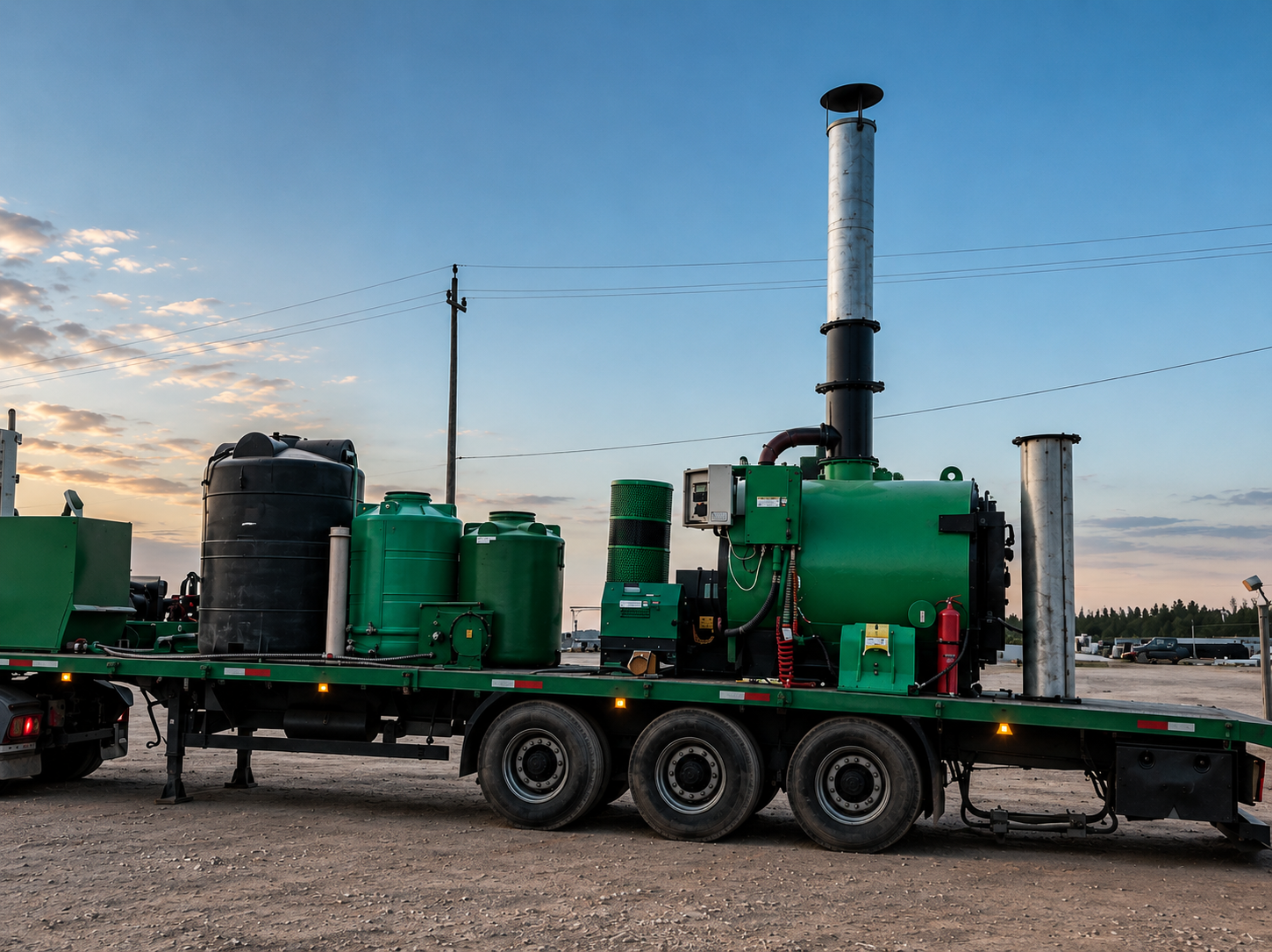 Large green industrial machine on a flatbed trailer in an open outdoor area at sunset, with a utility pole and a distant horizon of trees.