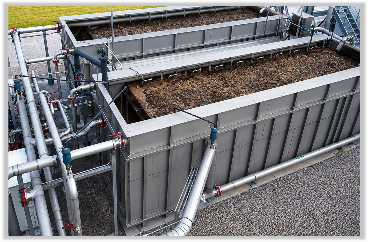 Industrial composting or waste processing facility with large metal bins filled with organic material, surrounded by interconnected pipes and valves.