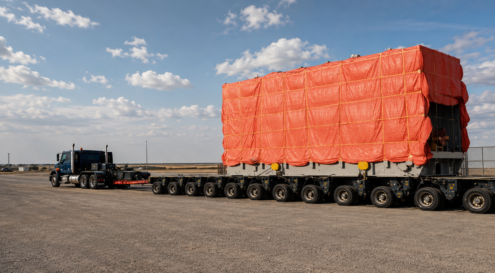 A large flatbed truck parked on an open, flat area with a clear blue sky and scattered clouds. The truck has a sizable load covered with orange tarps secured with yellow straps.