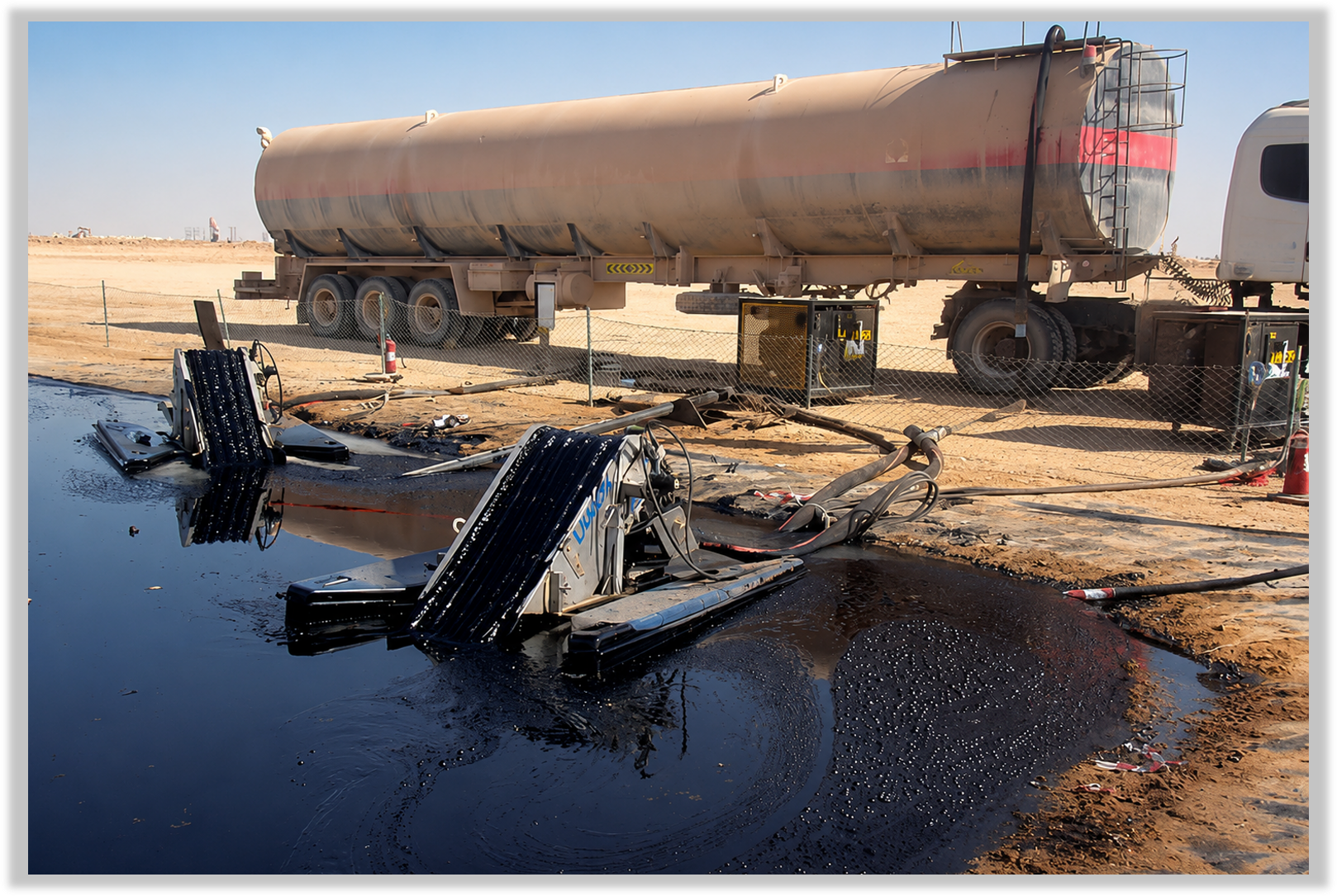Oil spill emergency scene with a large tanker truck, broken equipment, and oil in a desert area.