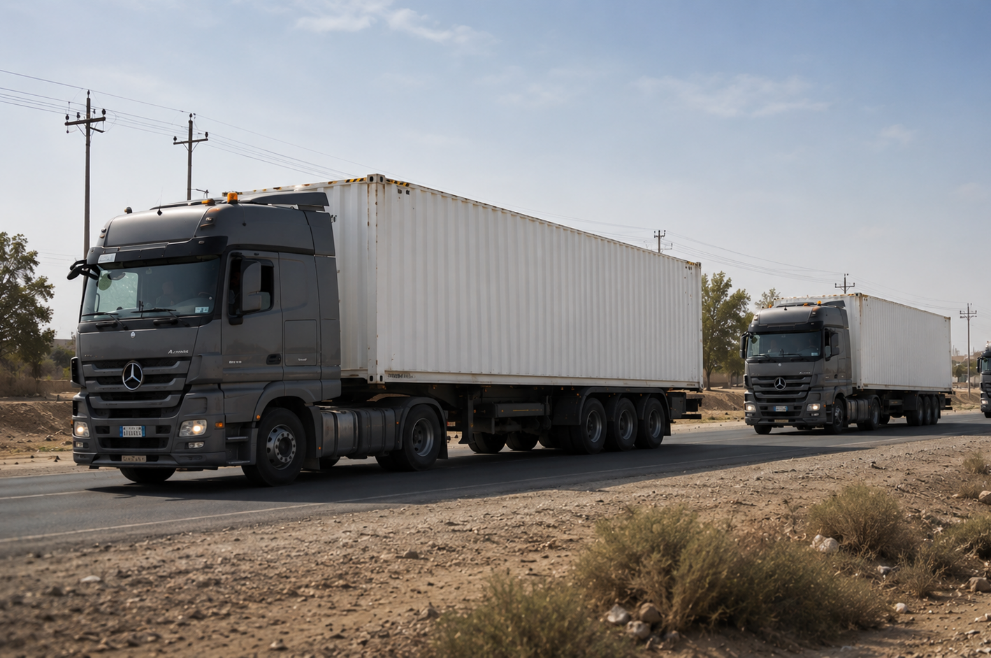 Two black Mercedes-Benz trucks with white shipping containers driving on a road in a desert landscape.