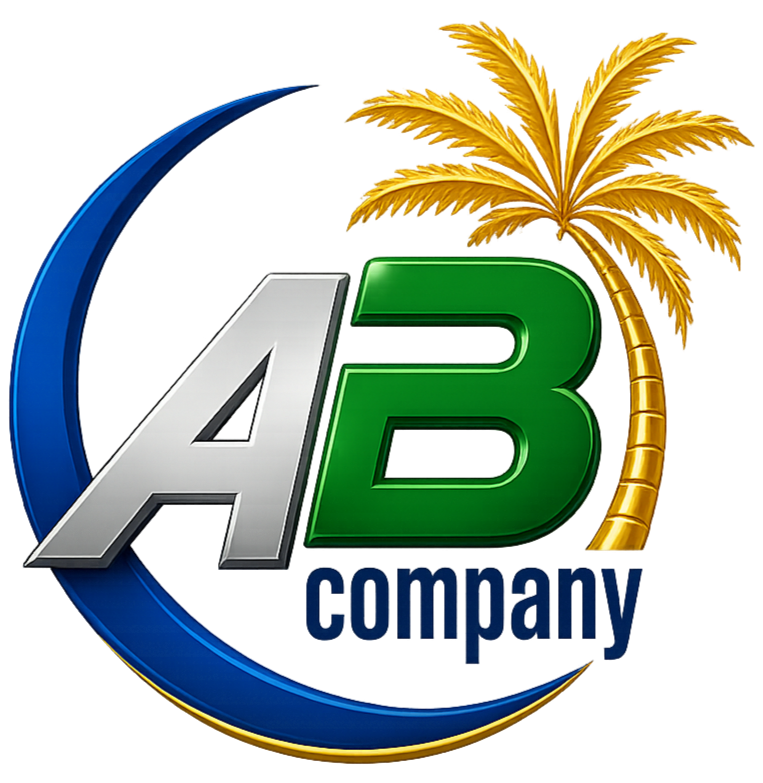 Logo with large silver 'A' and green 'B' letters, a yellow palm tree, and a stylized blue and yellow circle, with 'company' written in blue underneath.