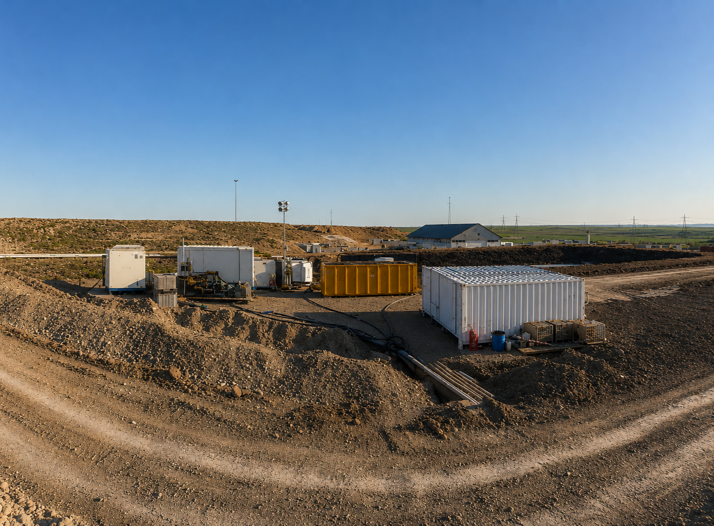 Construction site with portable buildings, electrical equipment, and tents on a dirt road under a clear blue sky, with open land and distant structures.