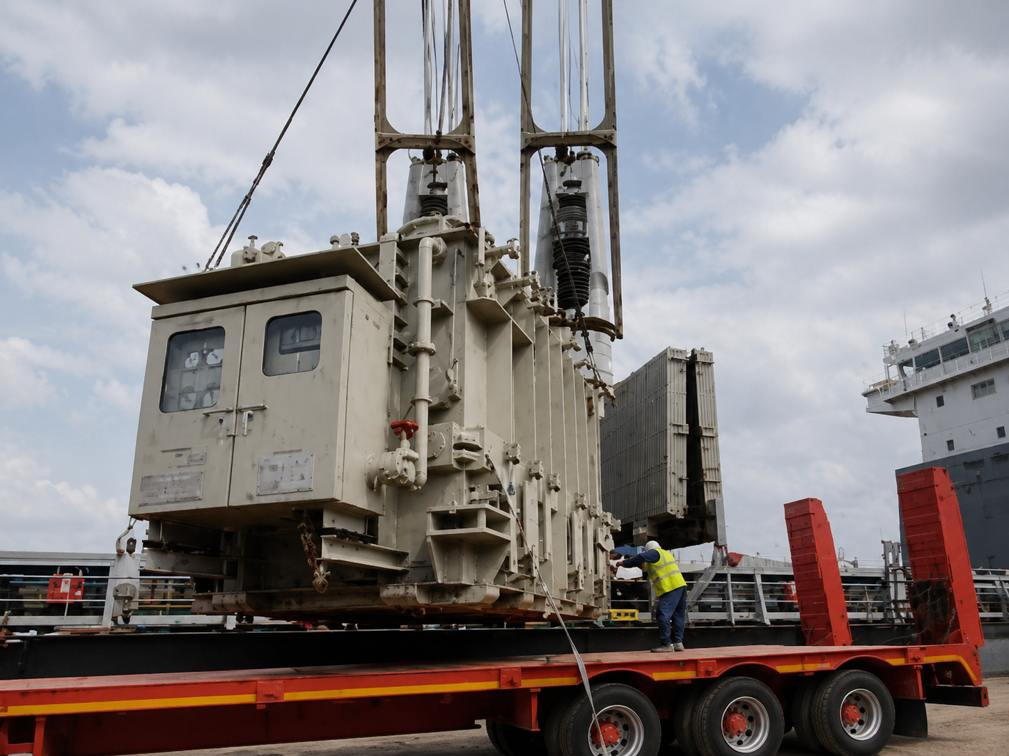 A large industrial piece of equipment on a flatbed truck, with a worker in a safety vest and helmet inspecting it, against a partly cloudy sky and a ship in the background.