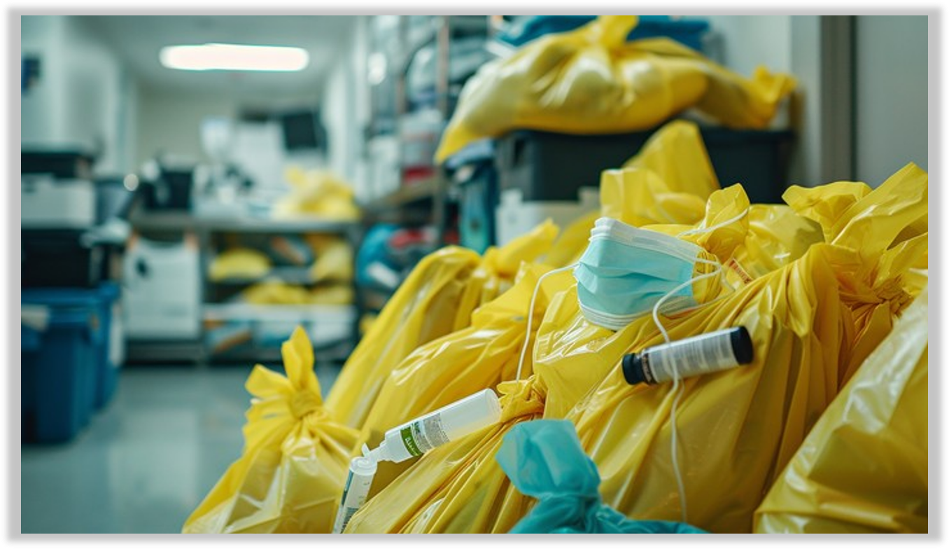 A hospital storage room with yellow biohazard bags containing medical waste, with face masks and medical supplies on top.