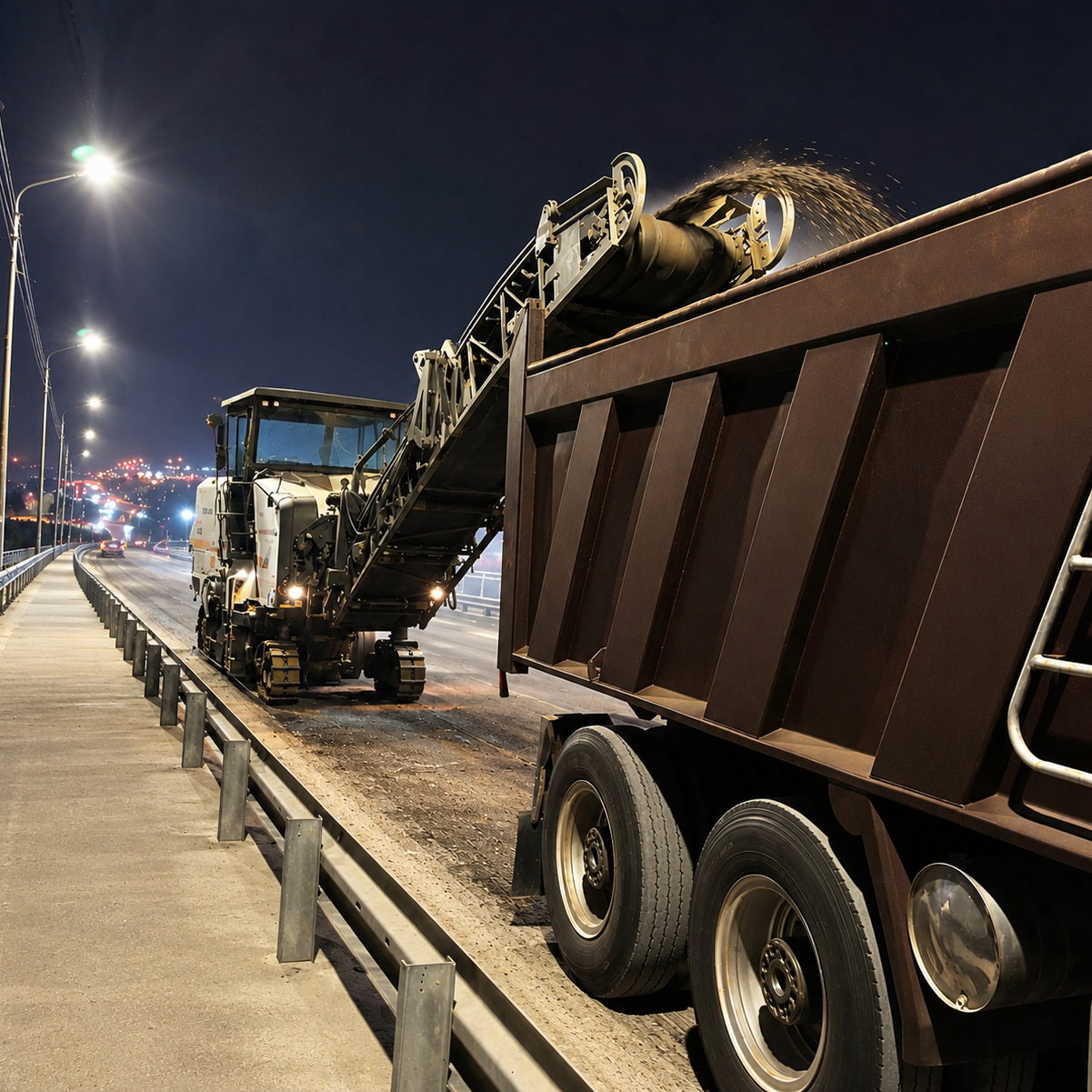 Nighttime scene of road construction with a large milling machine removing asphalt from the street, attached to a truck for debris removal, along a city street lit by streetlights.