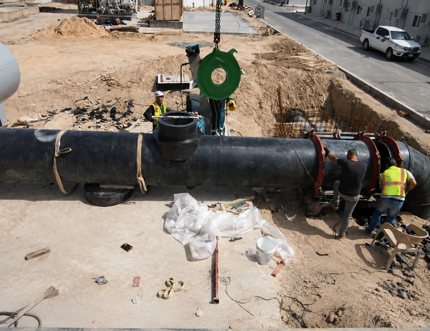 Construction workers installing large underground pipeline in a construction site.