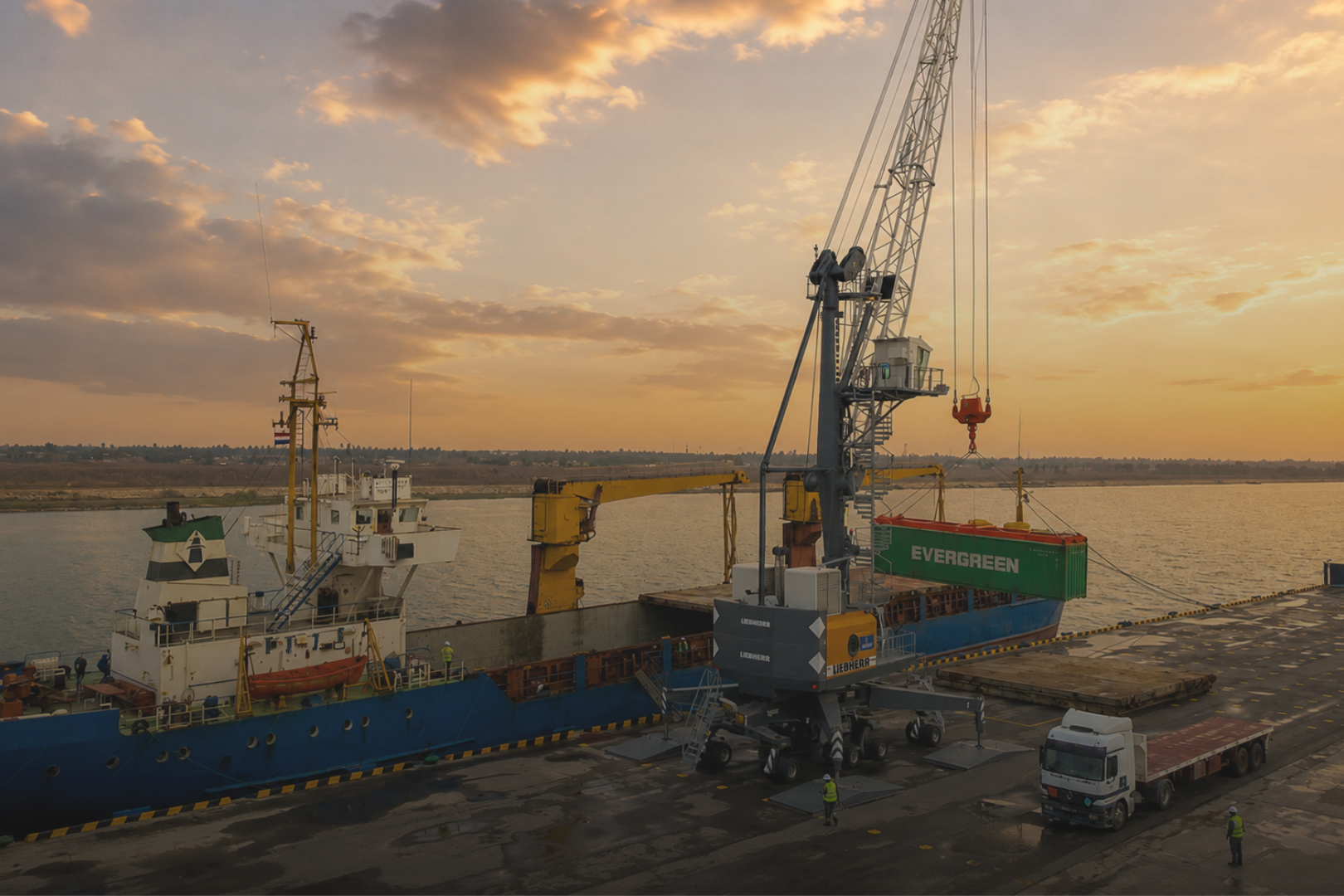 A large cargo ship docked at a port during sunset, with a crane lifting a green container labeled 'EVERGREEN' onto the ship, and workers on the dock.