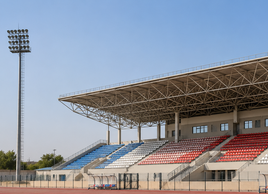 Empty outdoor sports stadium with blue, white, and red seating and a large floodlight tower.