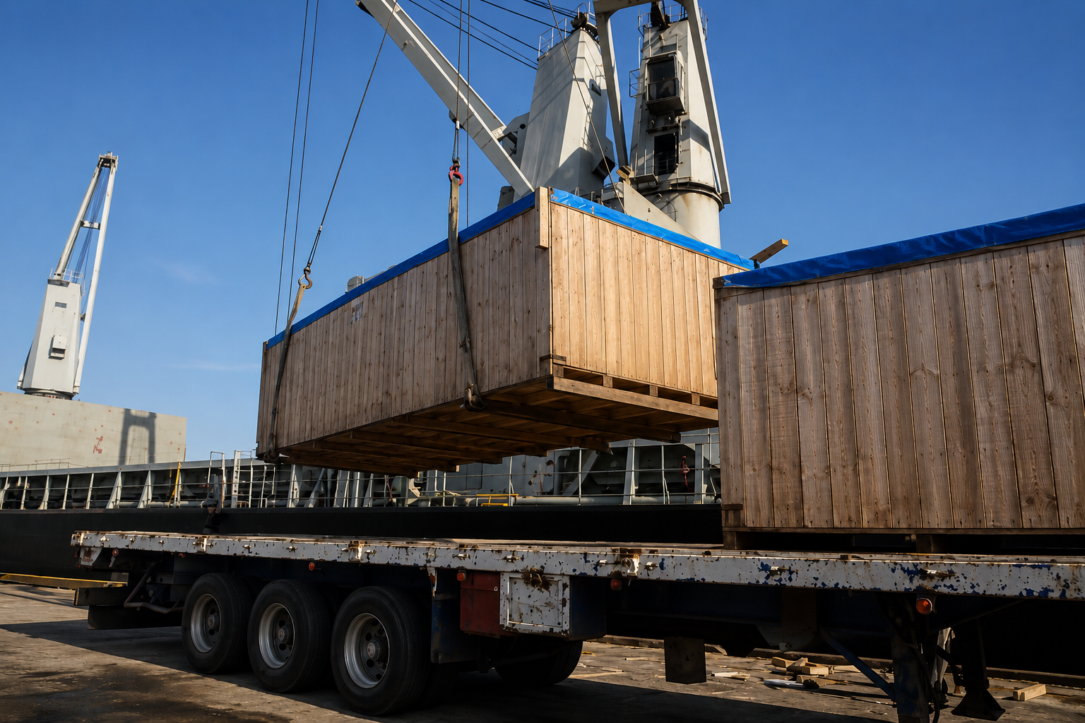 Cargo ships are loading large wooden crates using cranes at a dock under a clear blue sky.