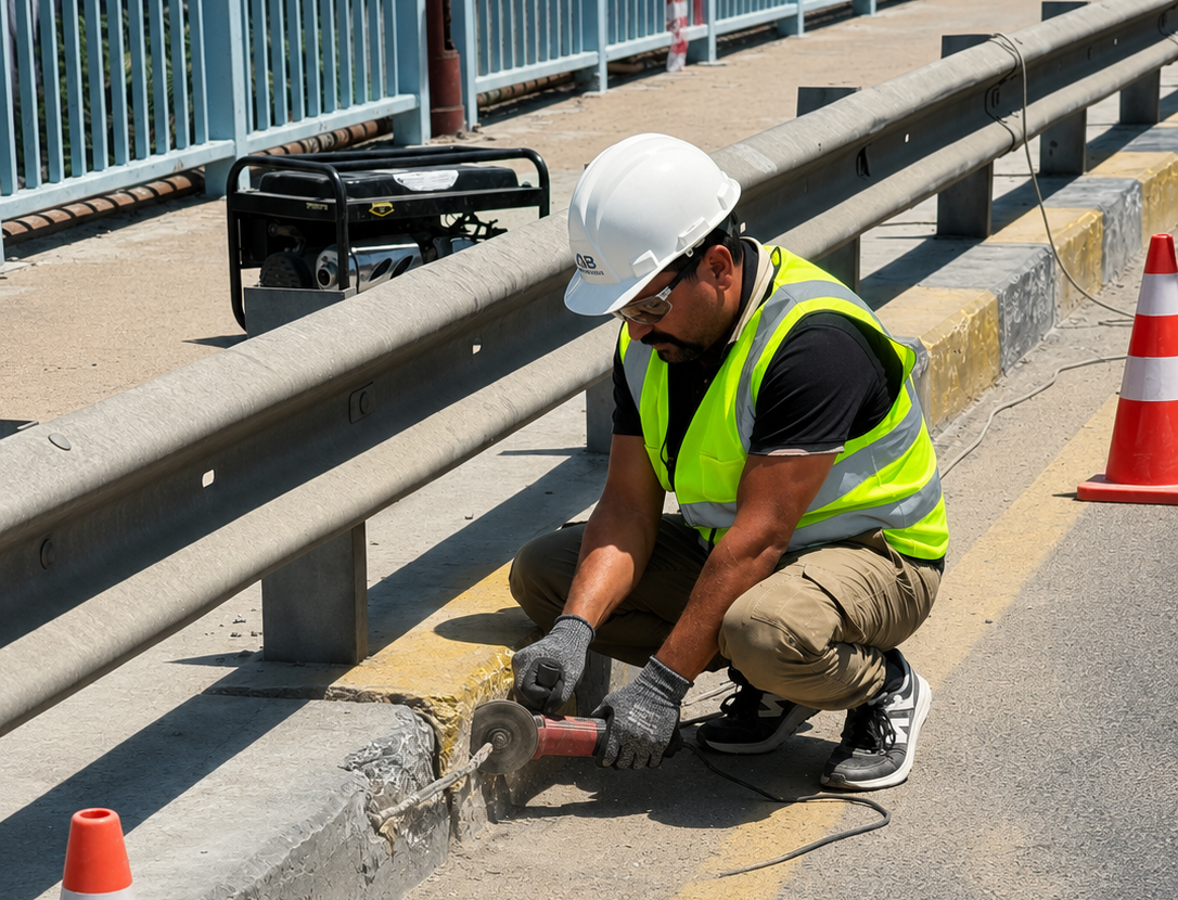 A man in a construction helmet and yellow safety vest uses a power tool on the curb of a road, with traffic cones and equipment nearby.