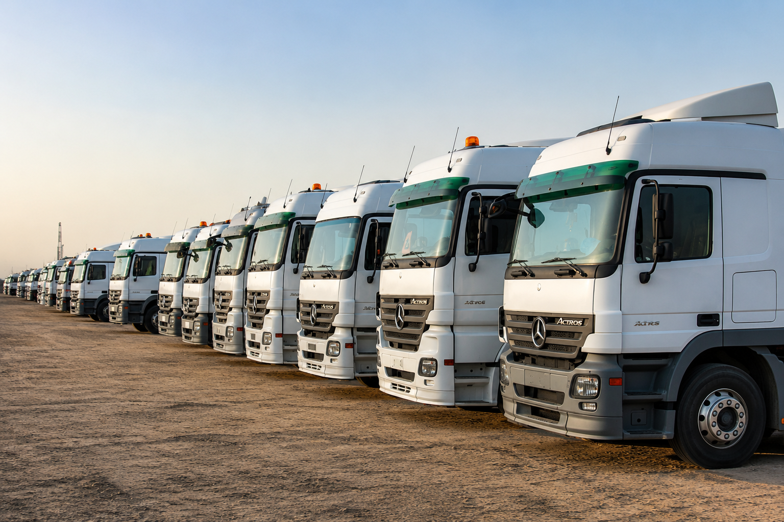 Line of white Mercedes-Benz trucks parked on a dirt lot at sunset.