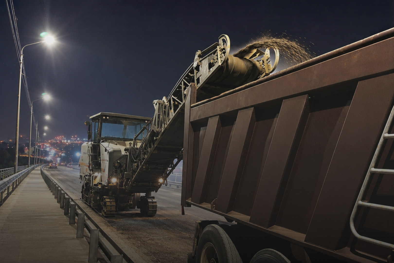 Nighttime construction scene with an excavator dumping dirt into a container on a truck along an illuminated road.